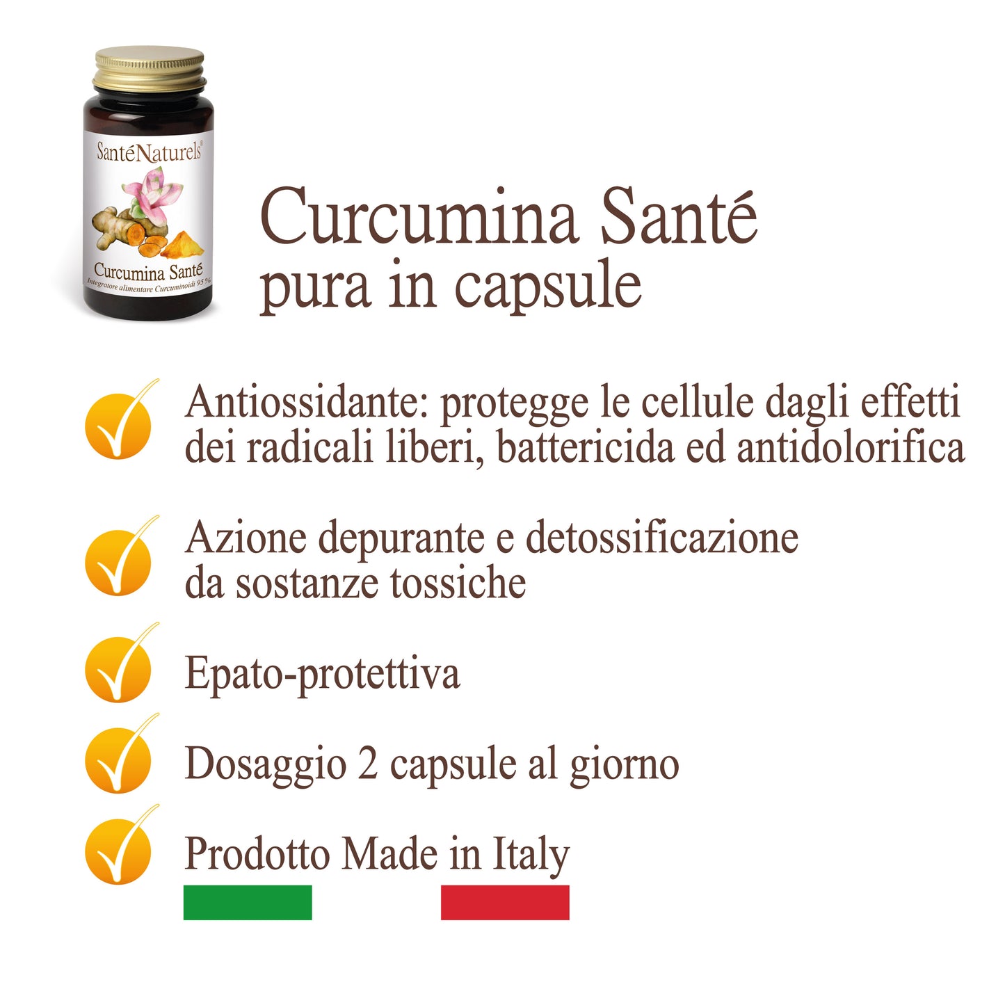 Curcumina Purissima. Formulazione unica: solo curcumina, senza altri ingredienti aggiunti.