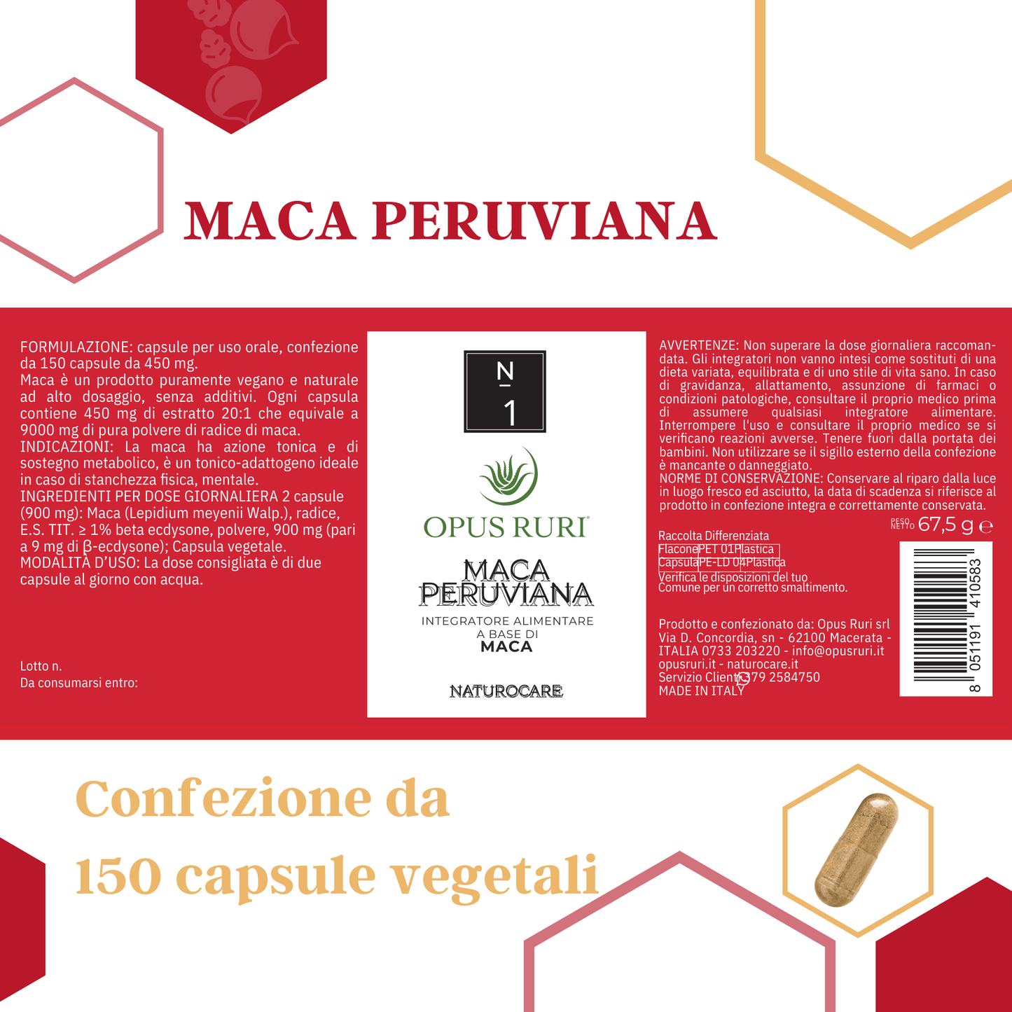 Maca Peruviana 150 Capsule Vegetali da 450 mg Estratto 20:1 - Opus Ruri