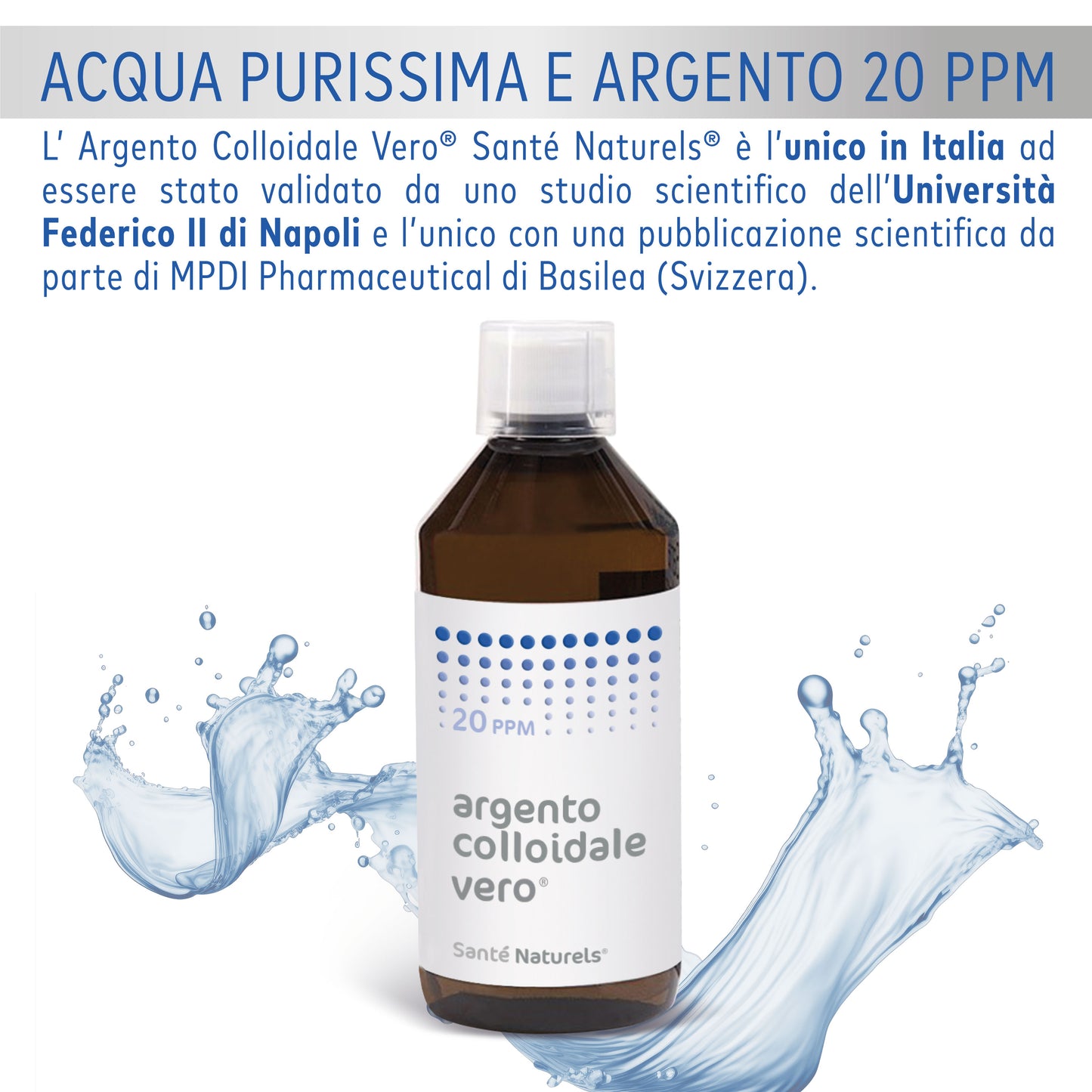 Argento Colloidale Vero® 20ppm 500 ml. Dimensione Particella 0,62 nm