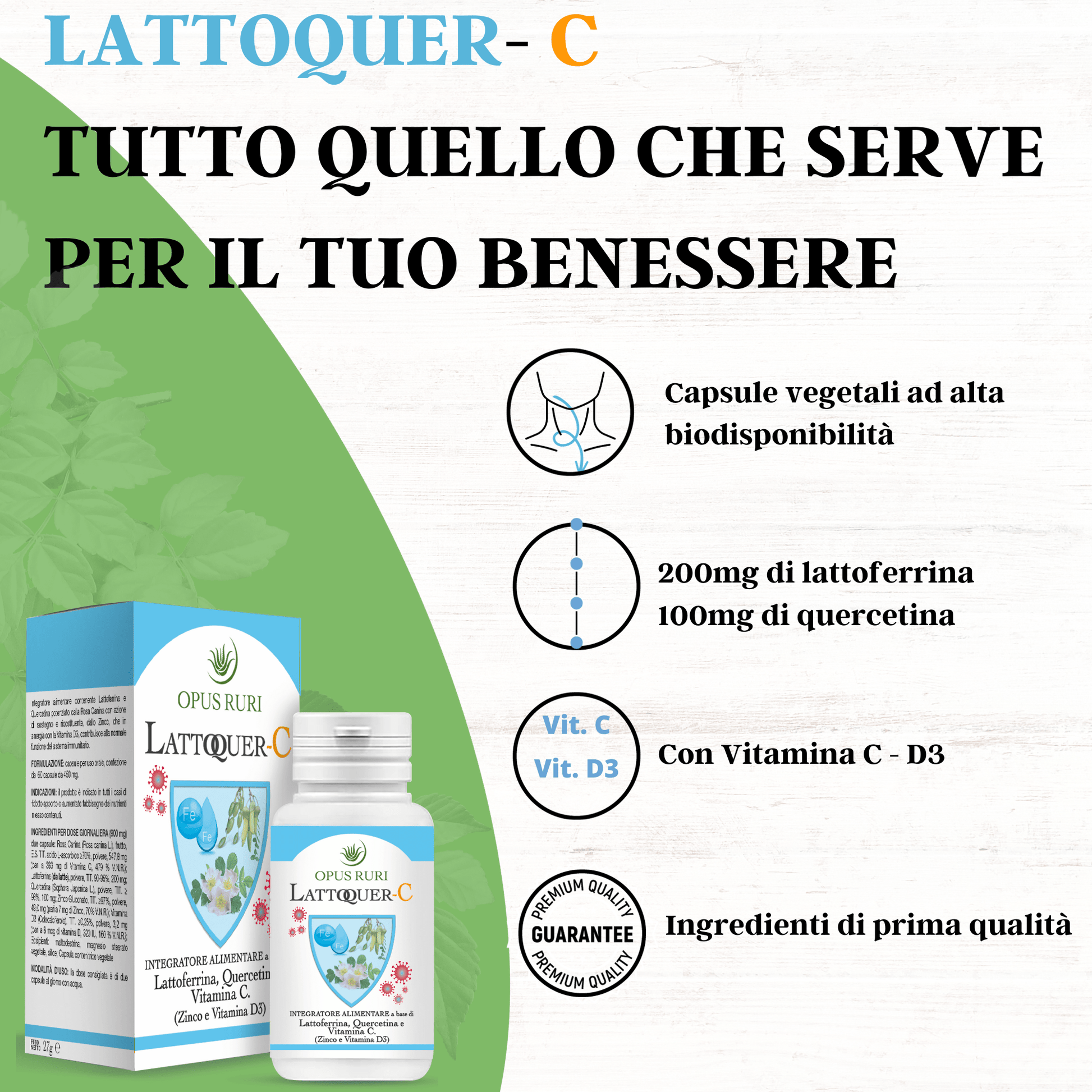 Lattoquer - C 60 Capsule Vegetali da 450mg (Difese immunitarie, contribuisce a ridurre stanchezza e affaticamento) - Opus Ruri