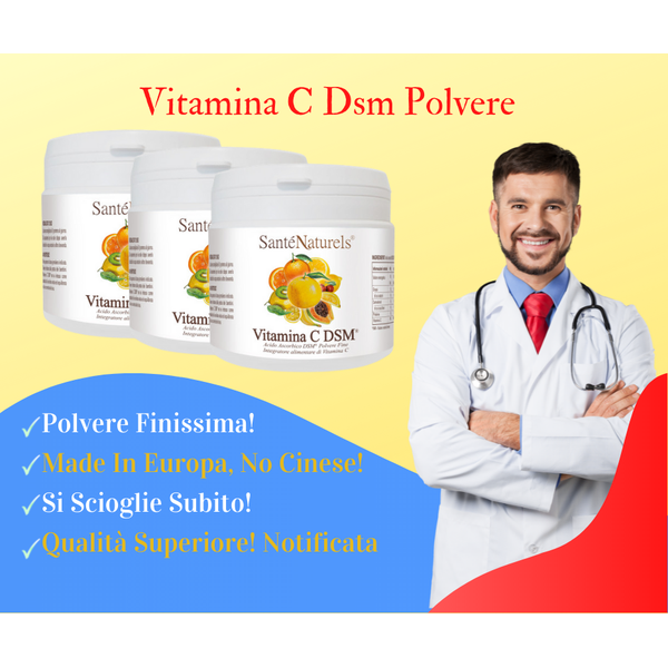 Vitamina C DSM® Polvere Fine. Produzione Europea. Acido Ascorbico. Formati 250 e 500 grammi