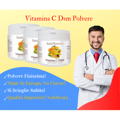 Vitamina C DSM® Polvere Fine. Produzione Europea. Acido Ascorbico. Formati 250 e 500 grammi